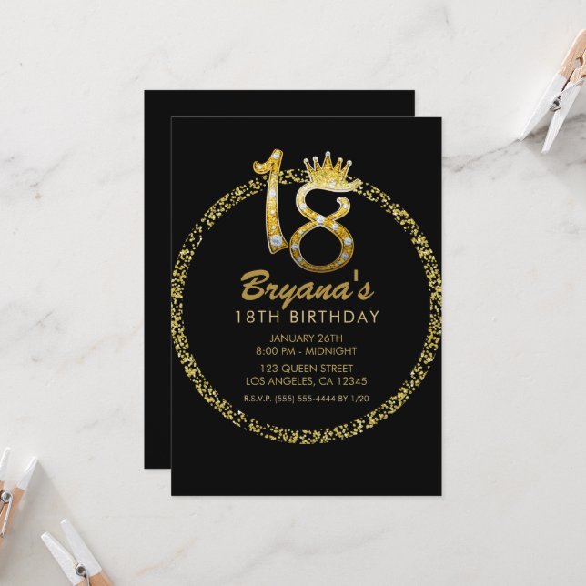 Invitación Oro Brillo Glam Diamante Brillo Sparkle 18 18 (Anverso/Reverso In Situ)