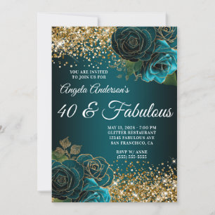 Invitación Oro Brillo Verde Azul Floral Glam 40 y Fabulosa