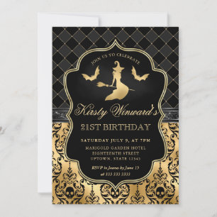 Invitación Oro Bruja Negra y Murciélago Cumpleaños 21 Hallowe