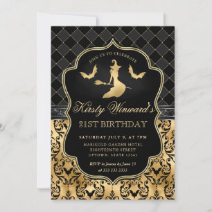 Invitación Oro Bruja Negra y Murciélago Cumpleaños 21 Hallowe