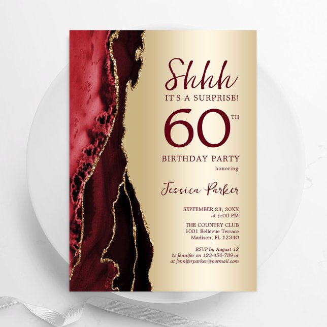 Invitación Oro Burgundy Agate Rojo Sorpresa 60 cumpleaños (Subido por el creador)