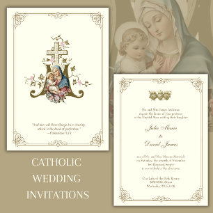 Invitación Oro católico María y Jesús Boda