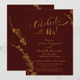 Invitación Oro "Celebre con Nosotros" con Botánicos, Burdeos
