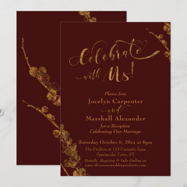 Invitación Oro "Celebre con Nosotros" con Botánicos, Burdeos (Anverso / Reverso)