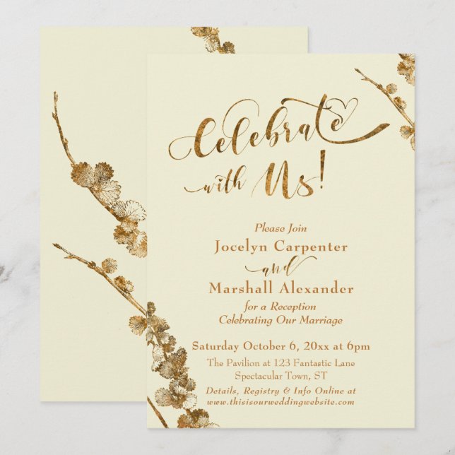 Invitación Oro "Celebre con Nosotros" con Botánicos, Marfil (Anverso / Reverso)