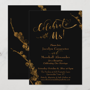 Invitación Oro "Celebre con Nosotros" con Botánicos sobre Neg