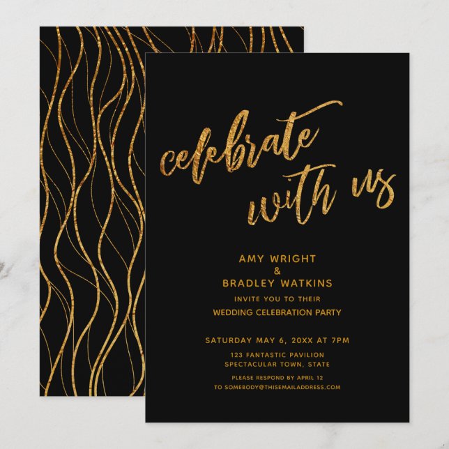Invitación Oro Celebre con Nosotros Recepción de Boda Negra (Anverso / Reverso)
