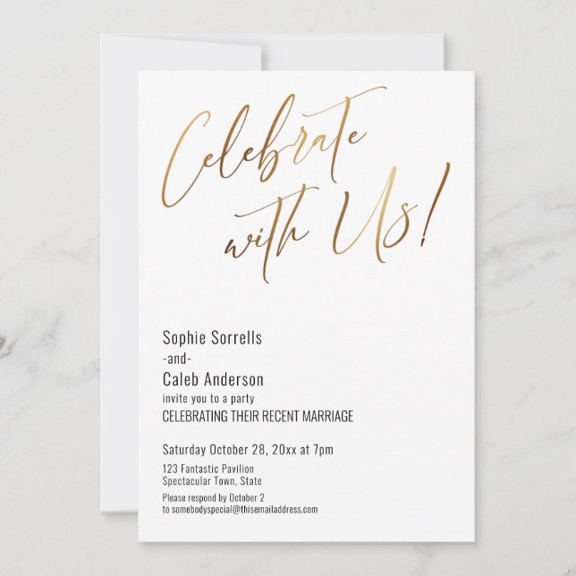 Invitación Oro Celebre con Nosotros! Sencillo Fiesta de Boda (Anverso)