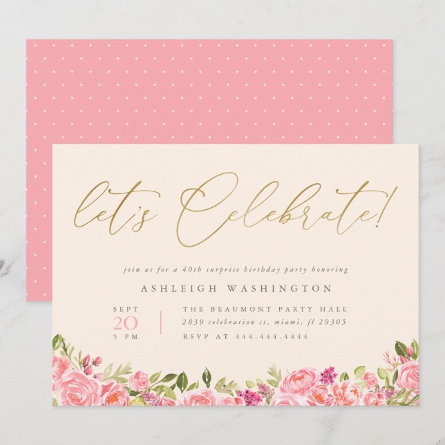 Invitación Oro celebremos cumpleaños sorpresa floral (Anverso / Reverso)