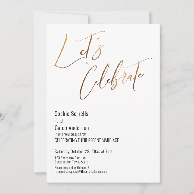 Invitación Oro Celebremos Fiesta de Boda Sencilla (Anverso)