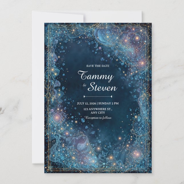 Invitación Oro Celestial Burbujeante Etéreo de Boda (Anverso)