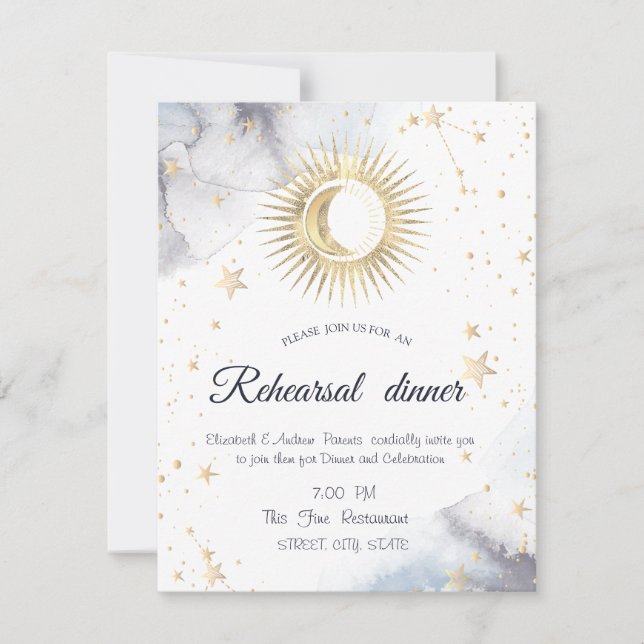 Invitación Oro Celestial Sol,Luna,Estrellas (Anverso)