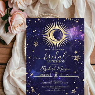 Invitación Oro Celestial Sol, Luna, Estrellas Acuarela Púrpur