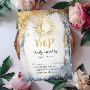 Invitación Oro Celestial Sol, Luna, Estrellas Acuarela RSVP