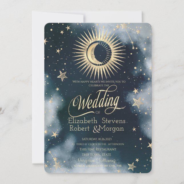 Invitación Oro Celestial Sol, Luna, Estrellas Cielo Nocturno (Anverso)