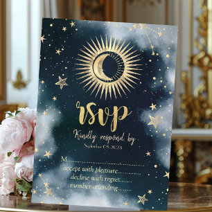 Invitación Oro Celestial Sol, Luna, Estrellas Cielo Nocturno 