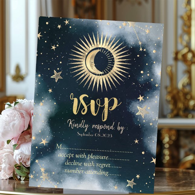 Invitación Oro Celestial Sol, Luna, Estrellas Cielo Nocturno  (Subido por el creador)