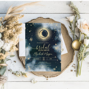 Invitación Oro Celestial Sol, Luna, Estrellas Cielo Nocturno