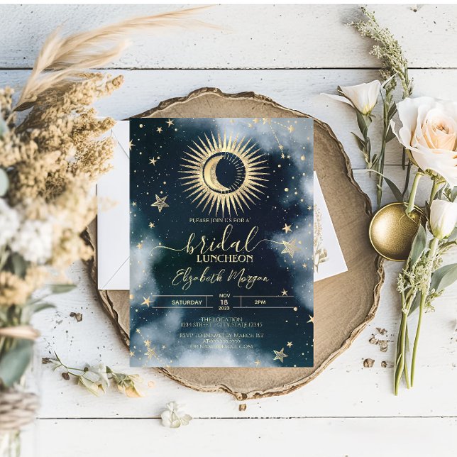 Invitación Oro Celestial Sol, Luna, Estrellas Cielo Nocturno  (Subido por el creador)