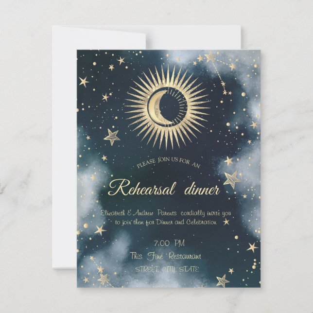 Invitación Oro Celestial Sol, Luna, Estrellas Cielo Nocturno (Anverso)