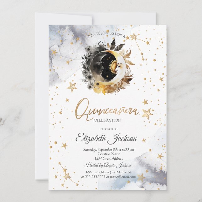 Invitación Oro Celestial Sol, Luna, Estrellas Flor Quinceañer (Anverso)