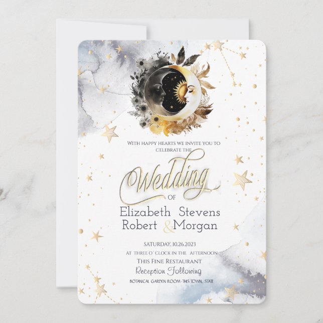 Invitación Oro Celestial Sol,Luna,Estrellas Flores Boda (Anverso)