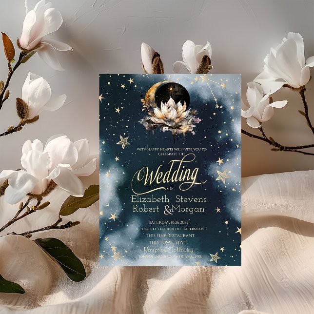 Invitación Oro Celestial Sol,Luna,Estrellas Loto Cielo Noctur (Subido por el creador)