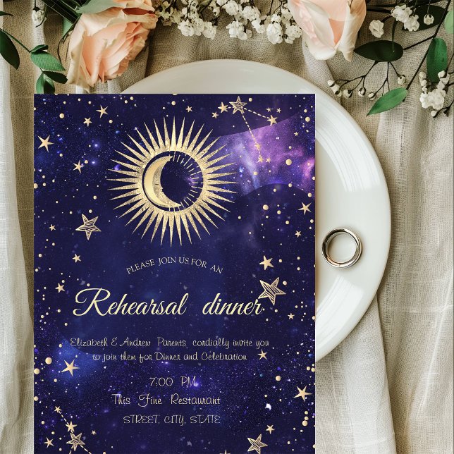Invitación Oro Celestial Sol,Luna,Estrellas Púrpura (Subido por el creador)
