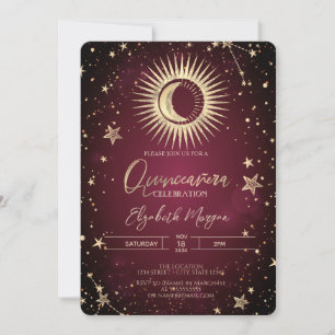 Invitación Oro Celestial Sol Luna Estrellas Quinceañera Roja