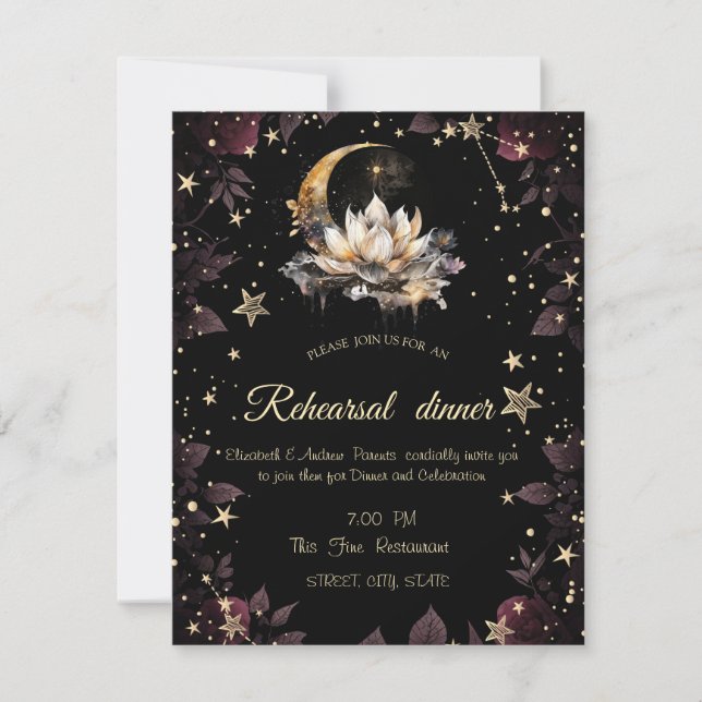 Invitación Oro Celestial Sol,Luna,Estrellas Rosas Cielo Noctu (Anverso)