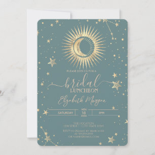 Invitación Oro Celestial Sol Luna Estrellas Verde Menta Almue