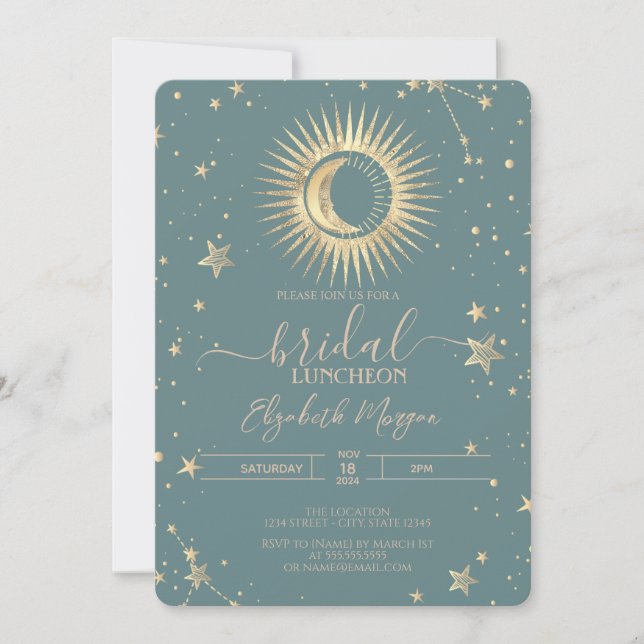 Invitación Oro Celestial Sol Luna Estrellas Verde Menta Almue (Anverso)
