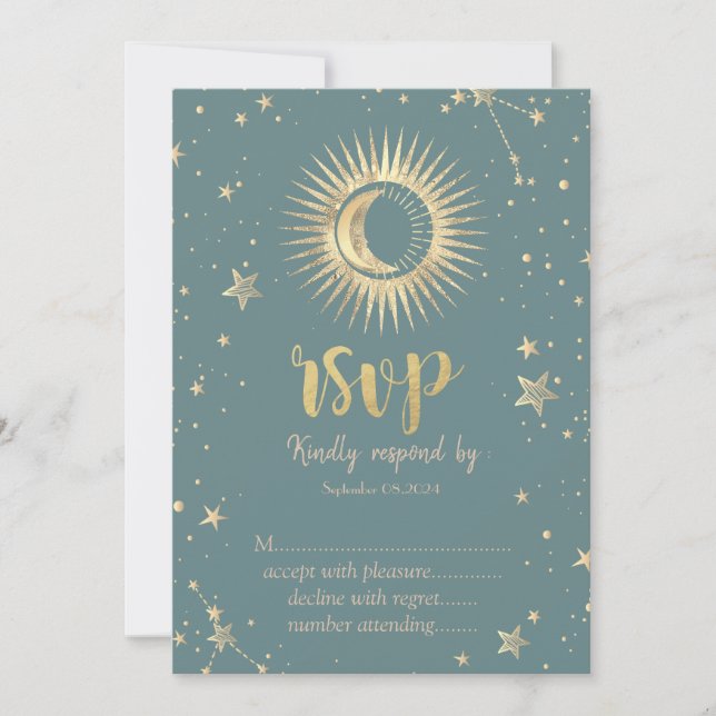 Invitación Oro Celestial Sol Luna Estrellas Verde Menta RSVP (Anverso)