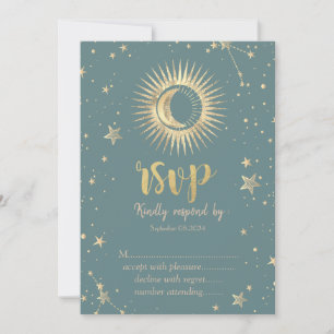 Invitación Oro Celestial Sol Luna Estrellas Verde Menta RSVP