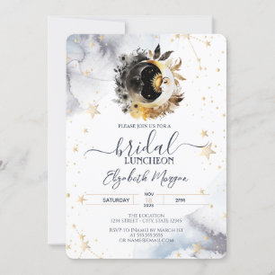 Invitación Oro Celestial Sol, Luna, Flores Almuerzo Nupcial