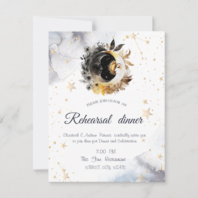 Invitación Oro Celestial Sol, Luna, Flores de Estrellas (Anverso)