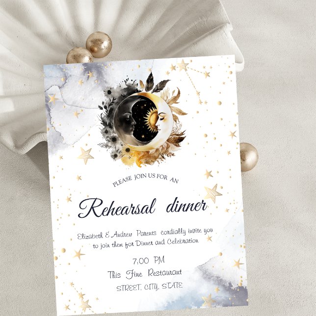 Invitación Oro Celestial Sol, Luna, Flores de Estrellas (Subido por el creador)