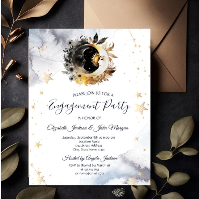 Invitación Oro Celestial Sol, Luna, Flores de Estrellas (Subido por el creador)