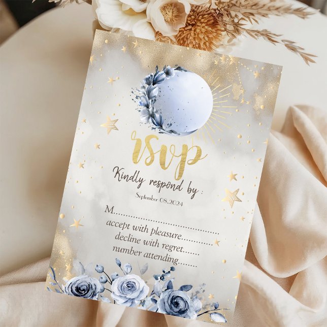 Invitación Oro Celestial Sol, Rosas de Luna Estrellas RSVP (Subido por el creador)