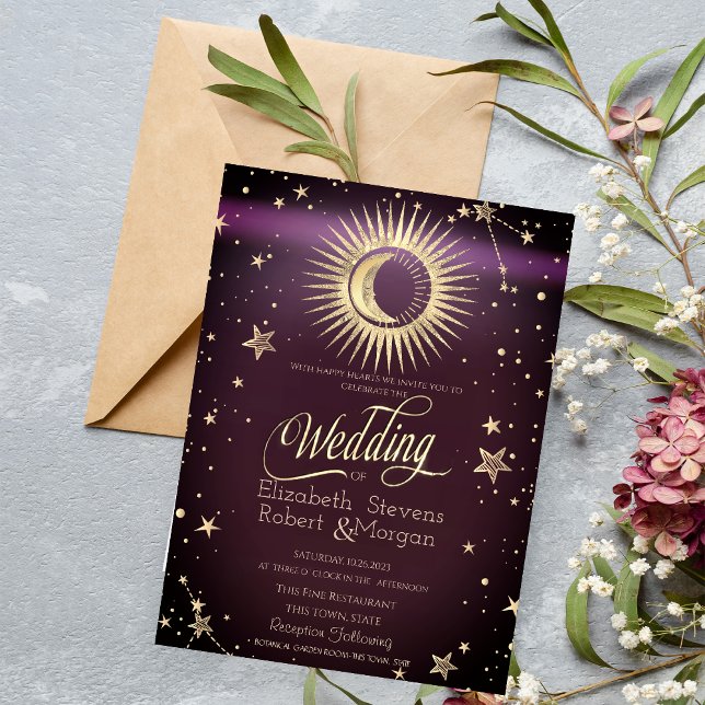 Invitación Oro Celestial Sol Y Luna Estrellas Boda Borgoña (Subido por el creador)