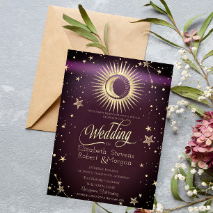 Invitación Oro Celestial Sol Y Luna Estrellas Boda Borgoña