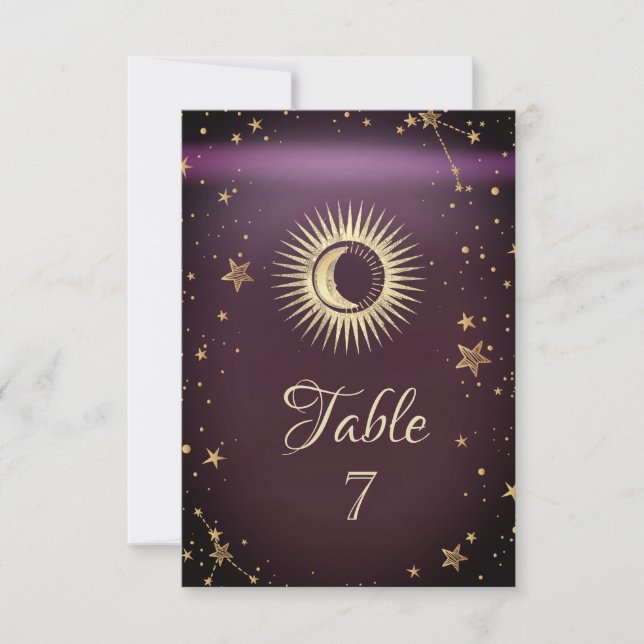 Invitación Oro Celestial Sol Y Luna Estrellas Burdeos (Anverso)