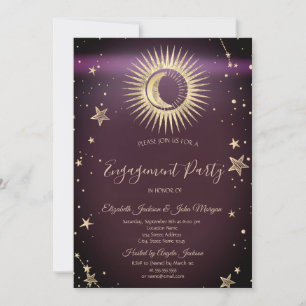 Invitación Oro Celestial Sol Y Luna Estrellas Burdeos