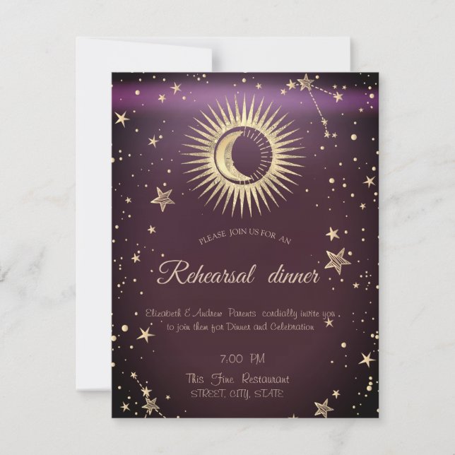 Invitación Oro Celestial Sol Y Luna Estrellas Burdeos (Anverso)