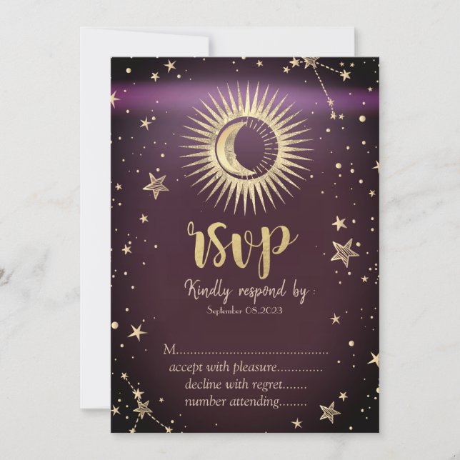 Invitación Oro Celestial Sol Y Luna Estrellas Burdeos RSVP (Anverso)