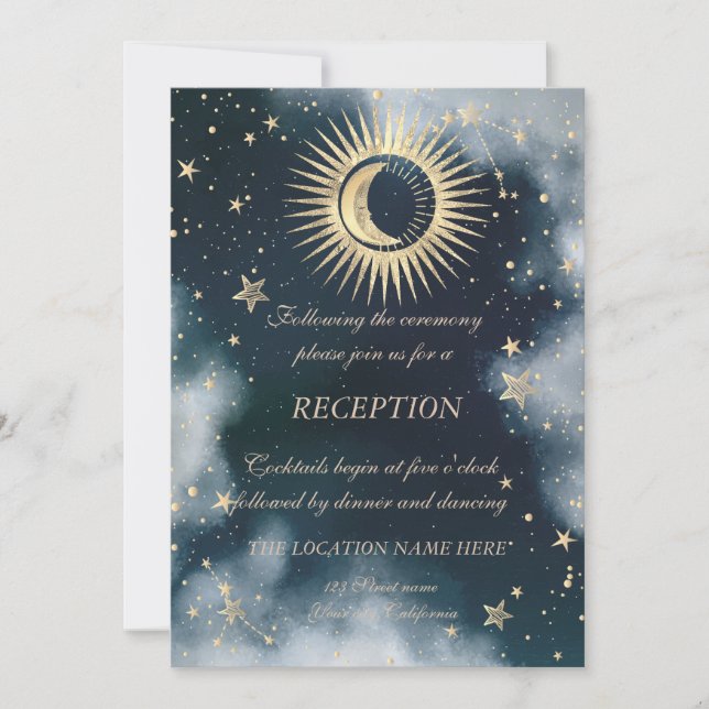 Invitación Oro Celestial Sol Y Luna Estrellas Cielo Nocturno (Anverso)