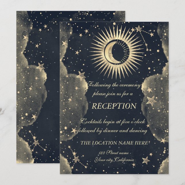 Invitación Oro Celestial Sol Y Luna Estrellas Nubes (Anverso / Reverso)