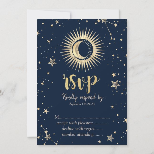 Invitación Oro Celestial Sol Y Luna Estrellas RSVP (Anverso)
