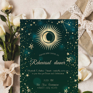 Invitación Oro Celestial Sol Y Luna Estrellas Verde