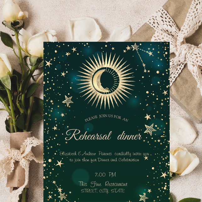 Invitación Oro Celestial Sol Y Luna Estrellas Verde (Subido por el creador)